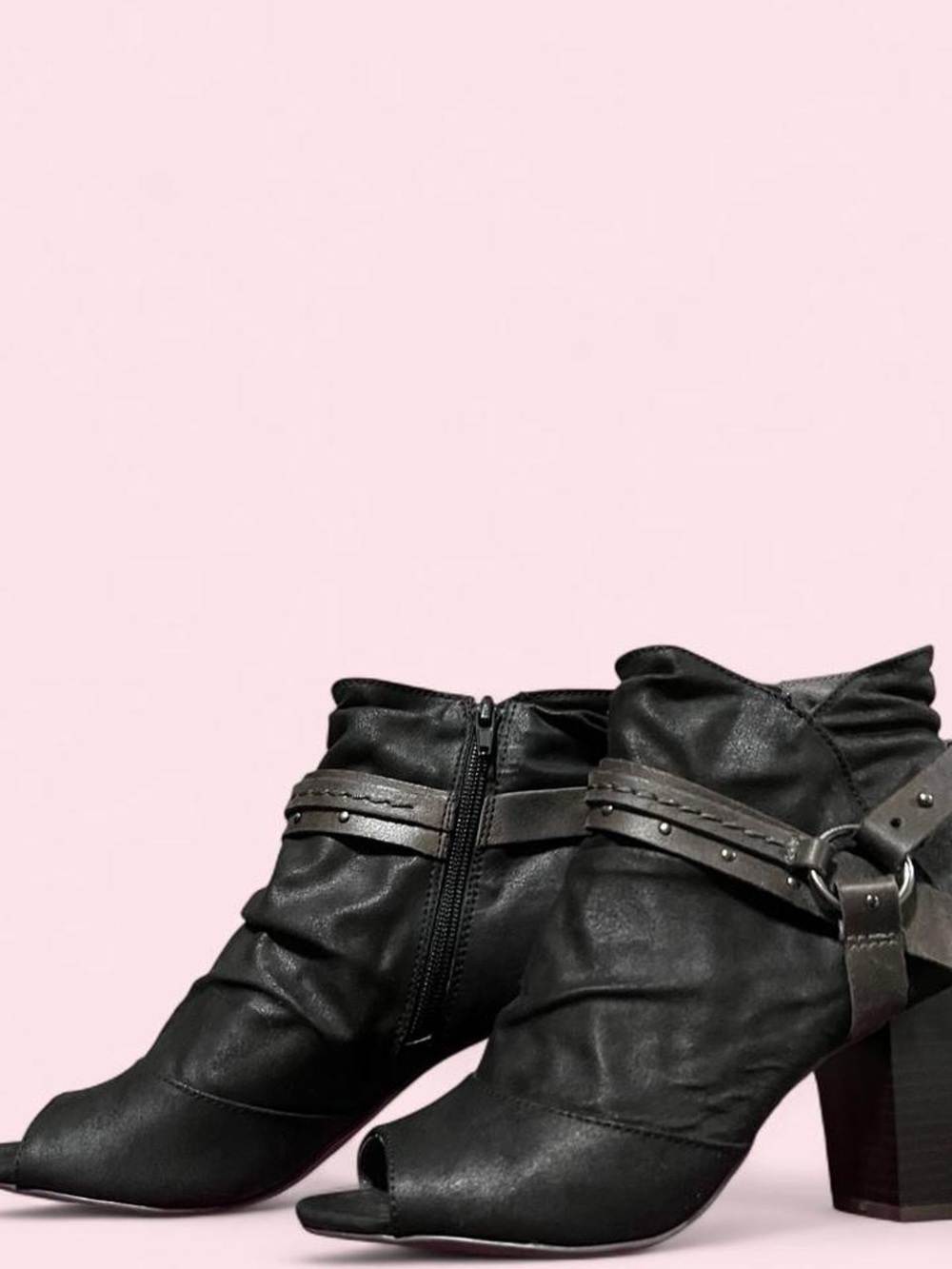 8.5 Womens Black Peep-Toe Ankle Booties with Strap Detail